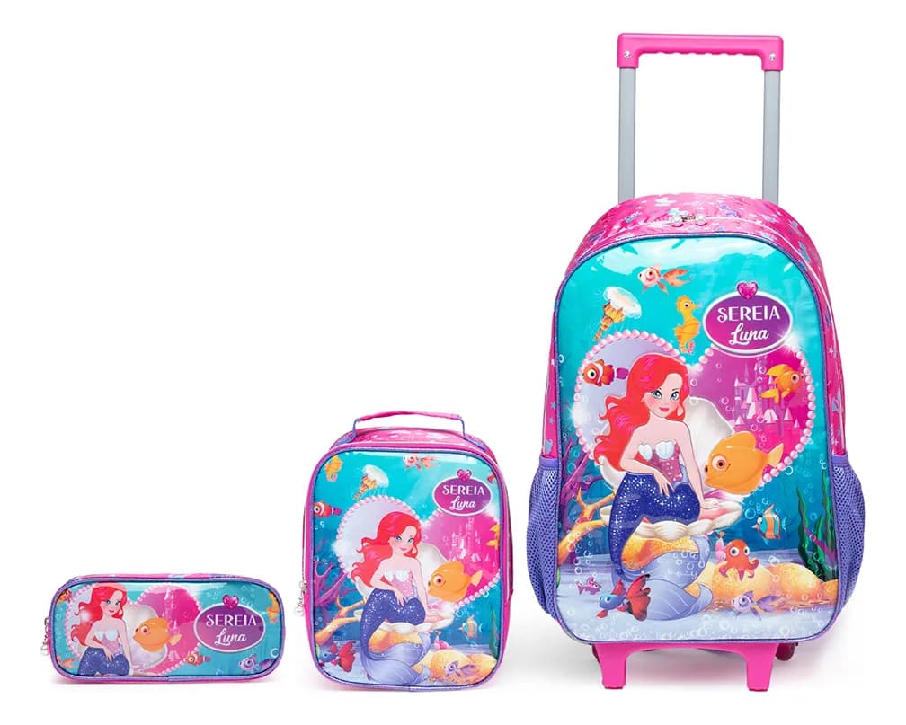 Kit Mochila De Rodinhas Estojo Lancheira Infantil Escolar